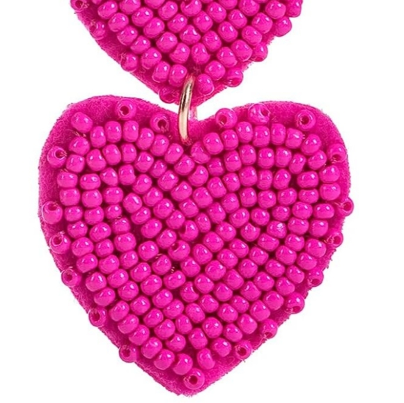 Long Handmade Triple Hot Pink Heart Beaded Valentine's Day Earrings Cute Hearts - Picture 4 of 5